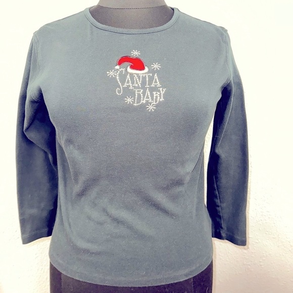 Women’s 3/4 sleeve black Santa Baby sequined beaded shirt sz L - Picture 1 of 7